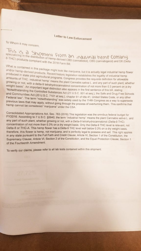 Letter to Law Enforcement About THCA Shipment