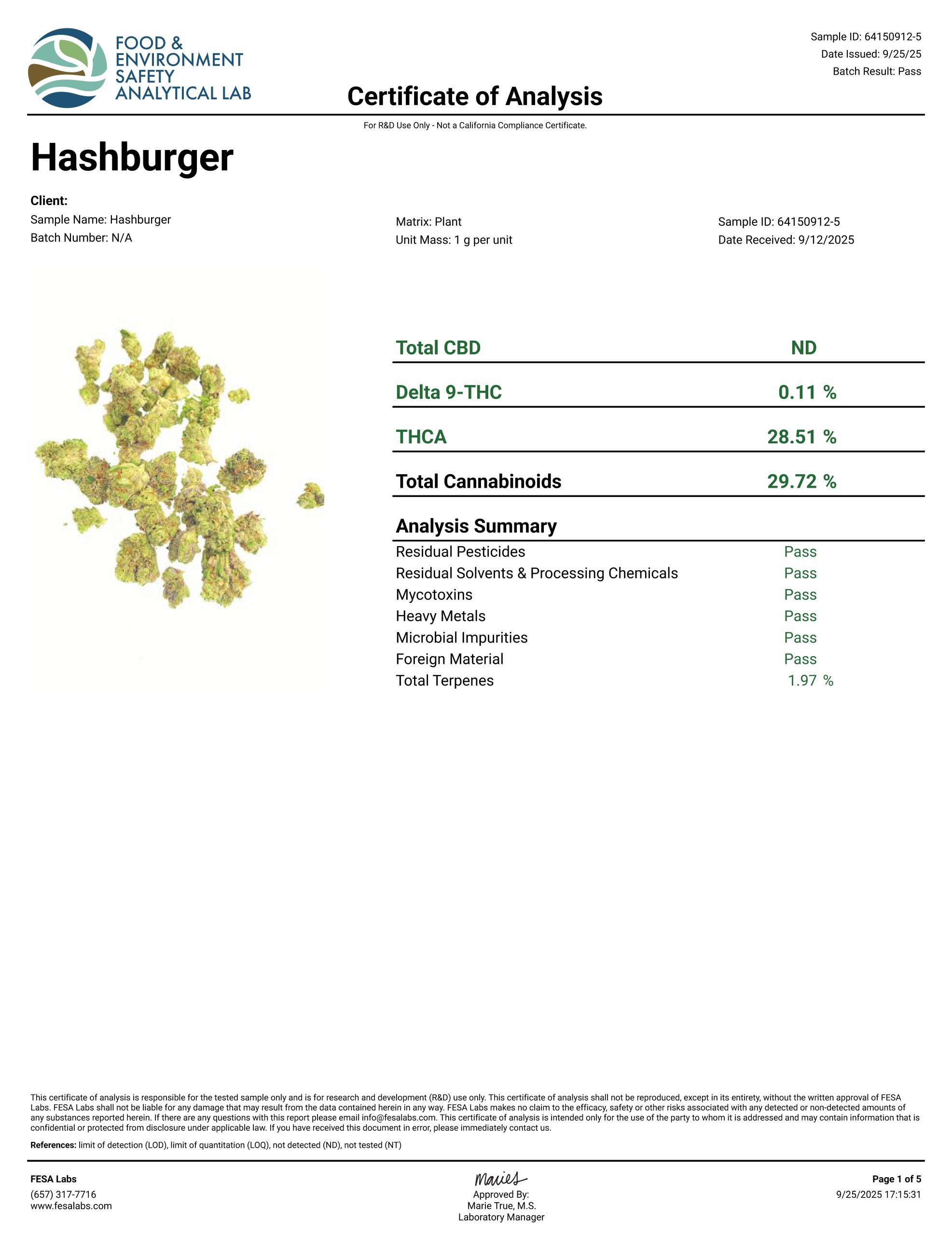 Hashburger THCA Flower COA Page 1