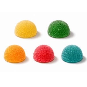 Five hemp gummies, one of each flavor: pineapple, apple, peach, watermelon and blue raspberry