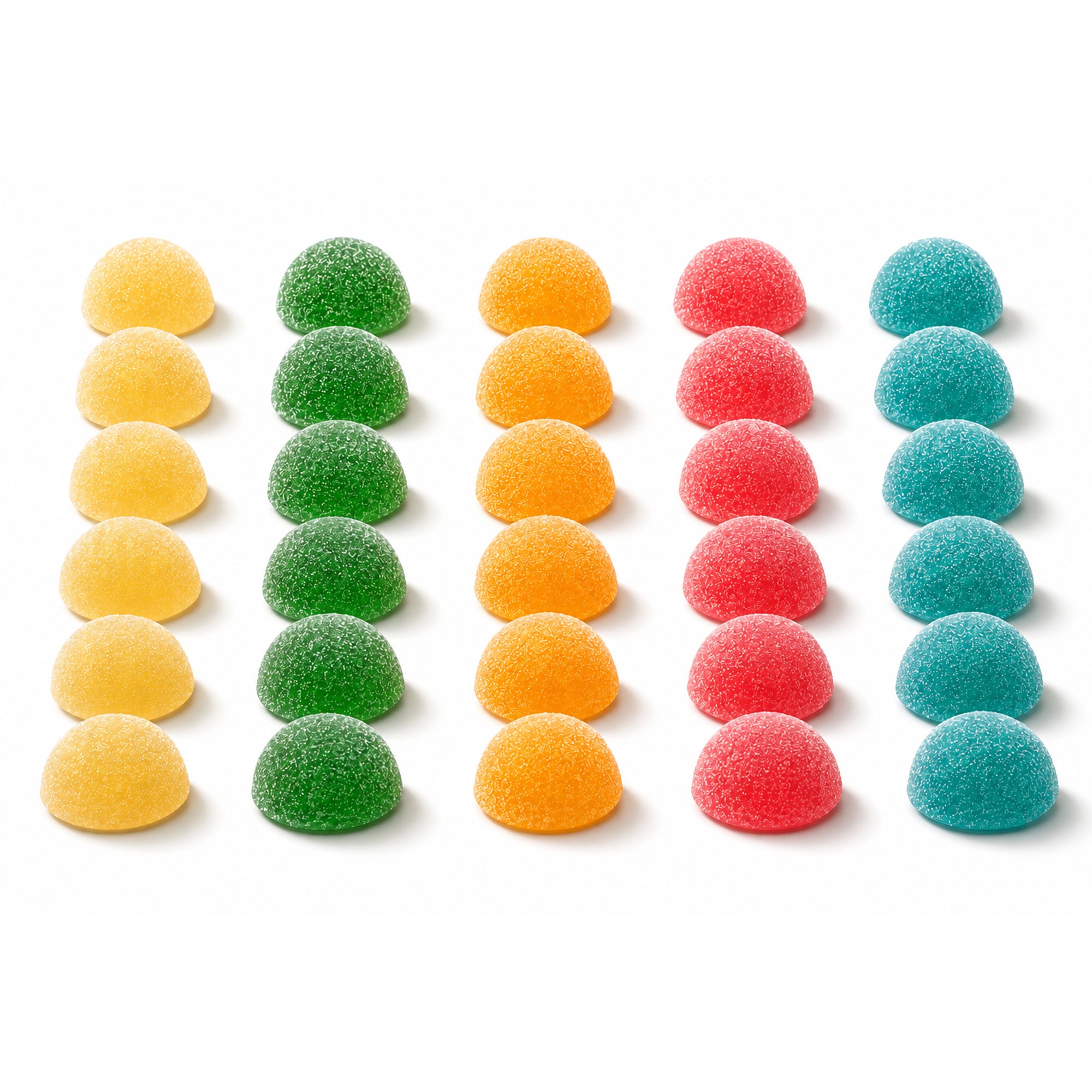 Rows of wholesale hemp gummies in all five flavors